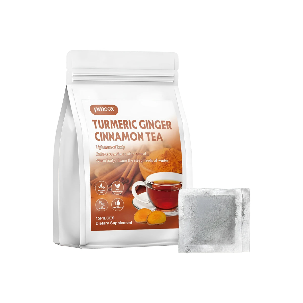Turmeric ginger cinnamon tea bags wrapped individually, with spices visible on the label