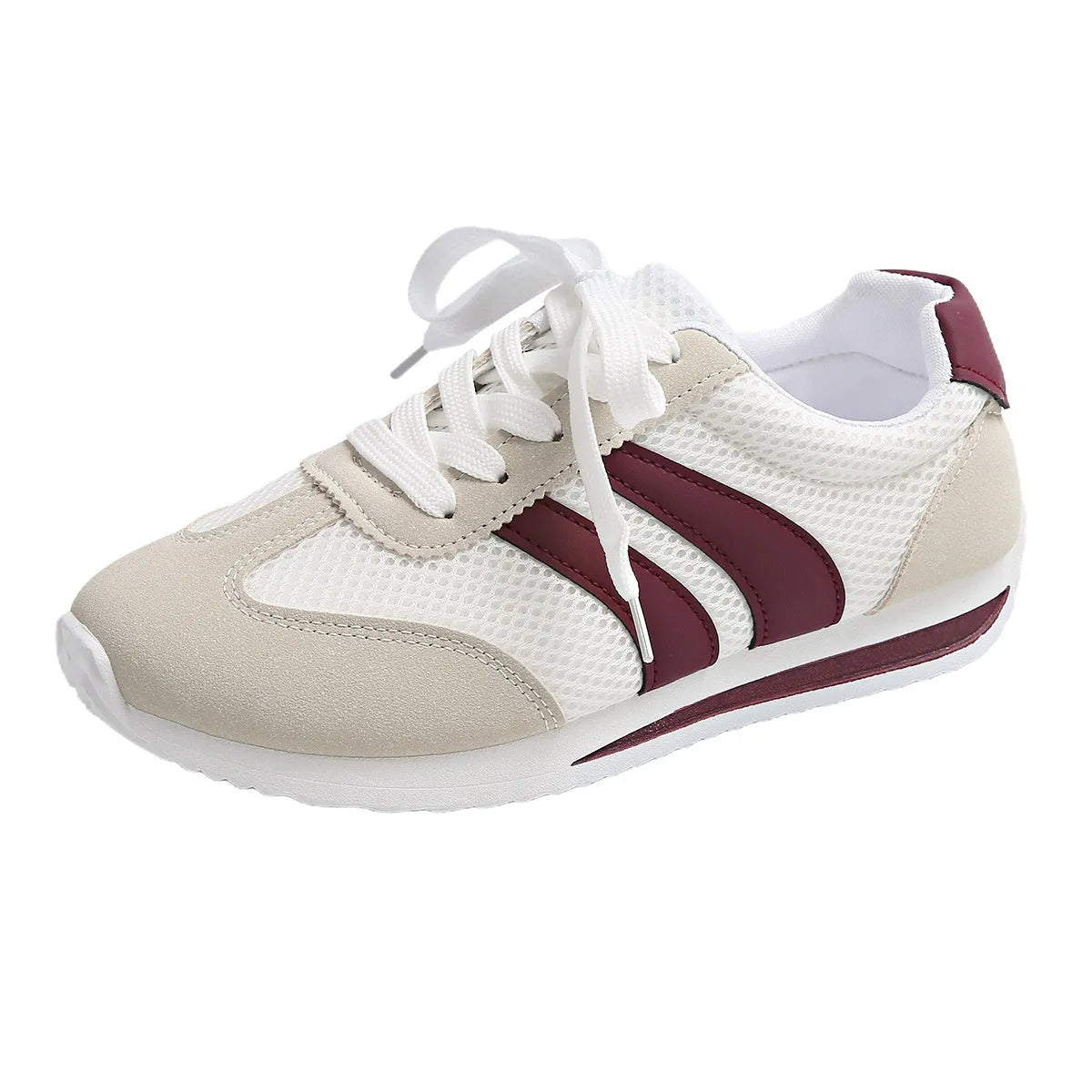 Wine red Cortez retro-style low-top sneaker with a cross-strap over a breathable mesh upper.