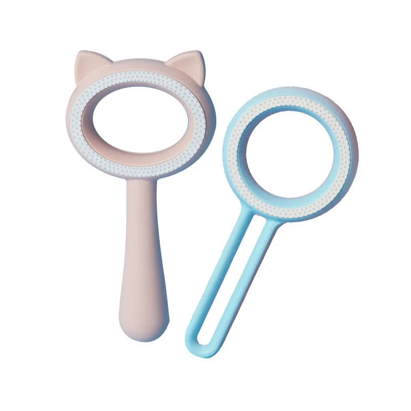 Double-sided pet hair removal brush in blue with ABS and TPR material, round shape on white background.