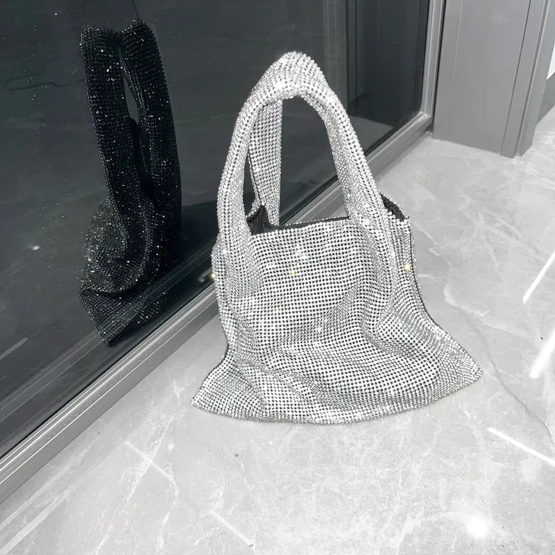 Silver cotton thread handbag with rhinestone decoration and open outer pocket