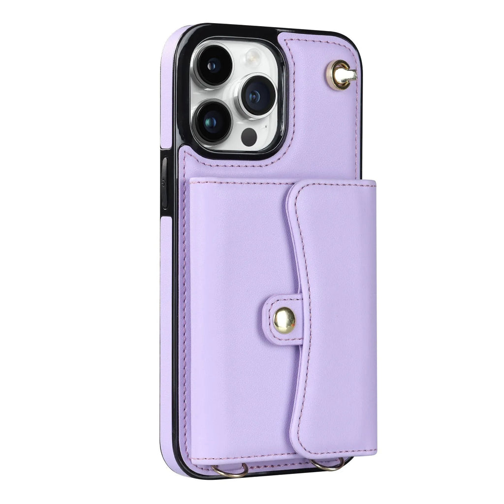 Crossbody faux leather iPhone phone case with card holder and shoulder strap, shown in black, rose gold, mint green, red, coffee and purple