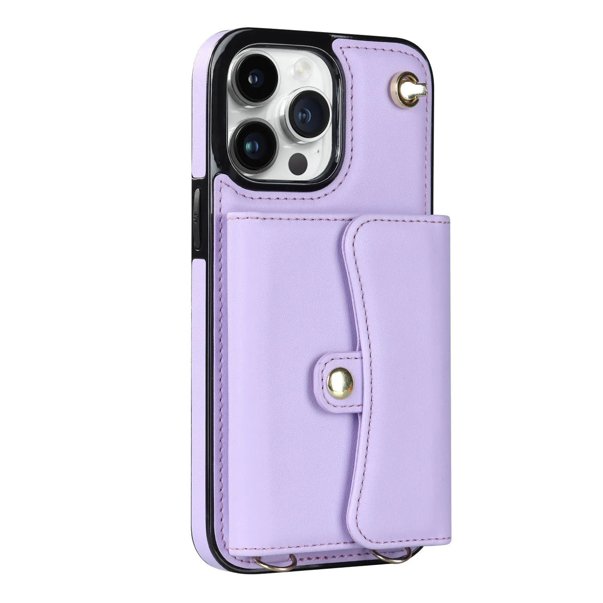 Crossbody faux leather iPhone phone case with card holder and shoulder strap, shown in black, rose gold, mint green, red, coffee and purple