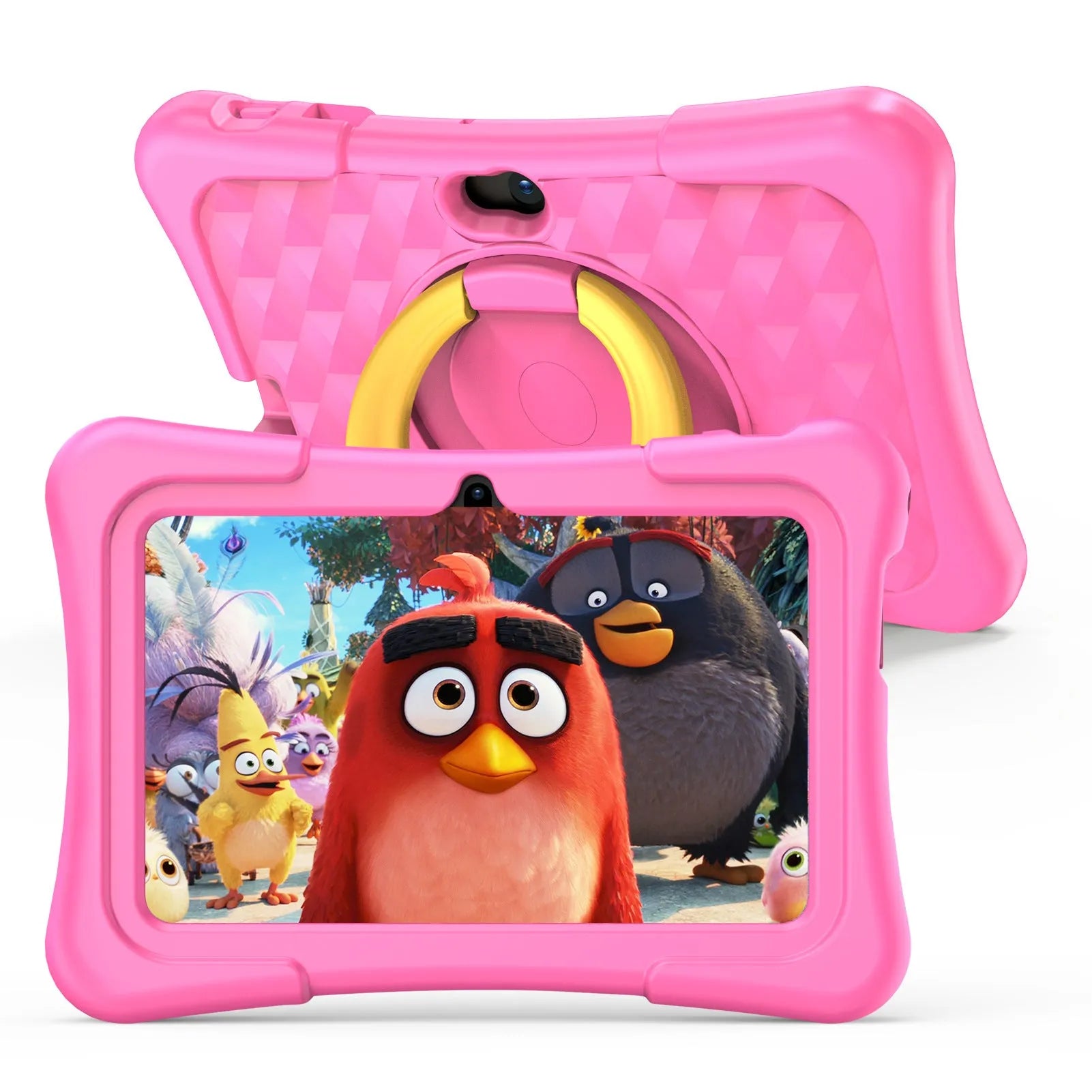 Blue children's 7-inch education tablet with a silicone protective cover and a rotating handle bracket.