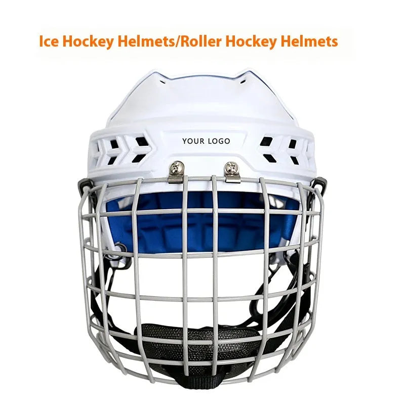 Ice hockey helmet with carbon steel face mask and impact-resistant polypropylene shell in four sizes