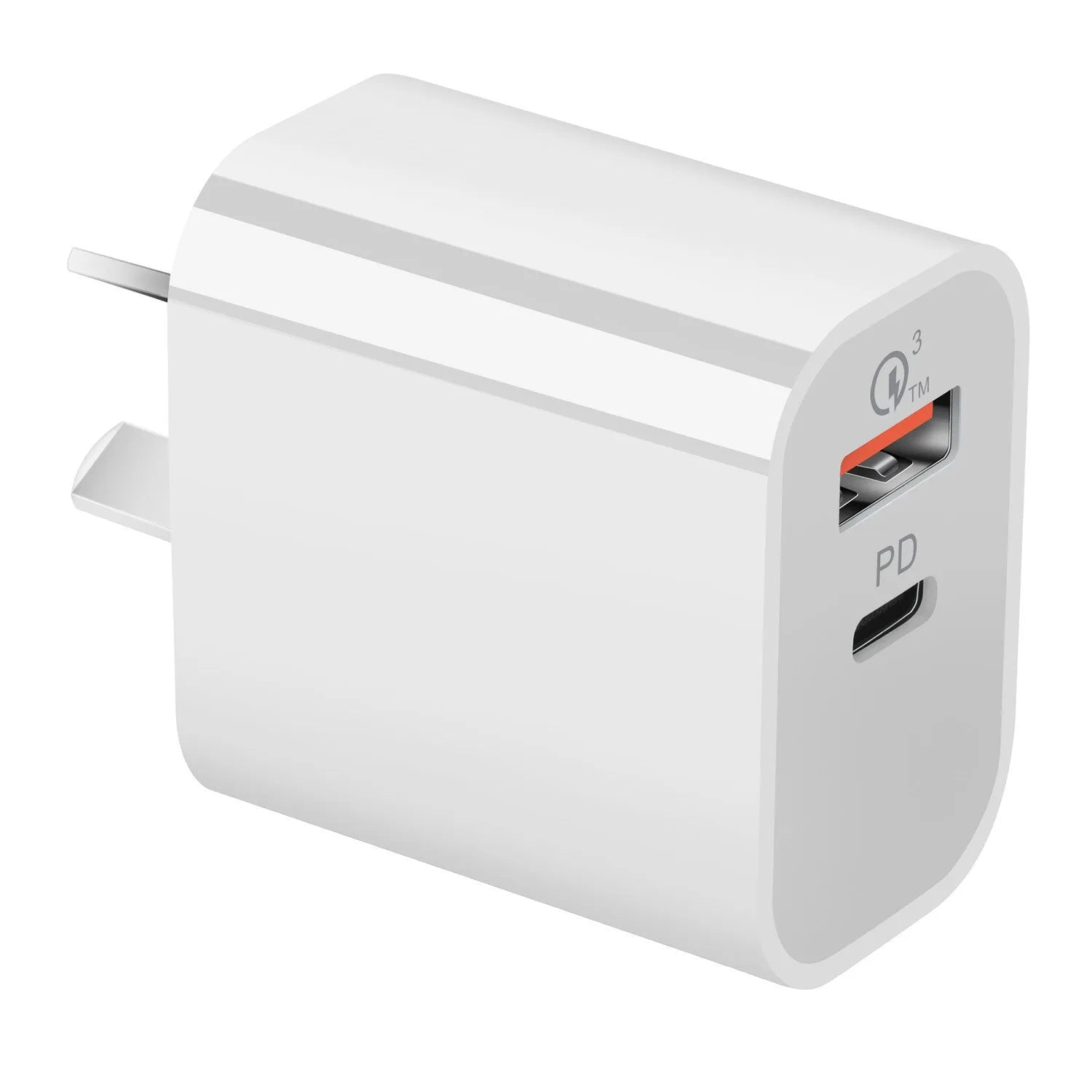 White Australian dual port USB charger with Type-A and Type-C interfaces