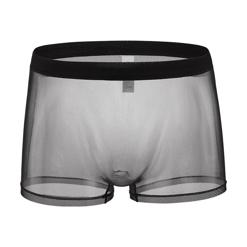 Men's low-waist mesh boxer briefs in sheer black polyester fabric on a white background.