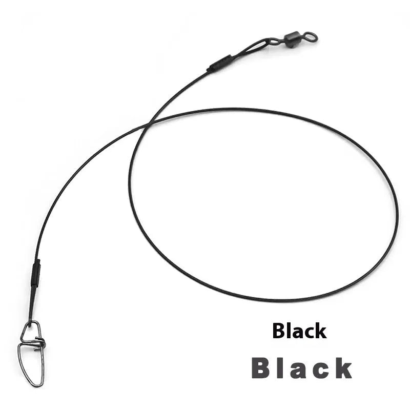 Set of 10 green steel wire fishing leaders with double buckle pins showing 54cm length measurement