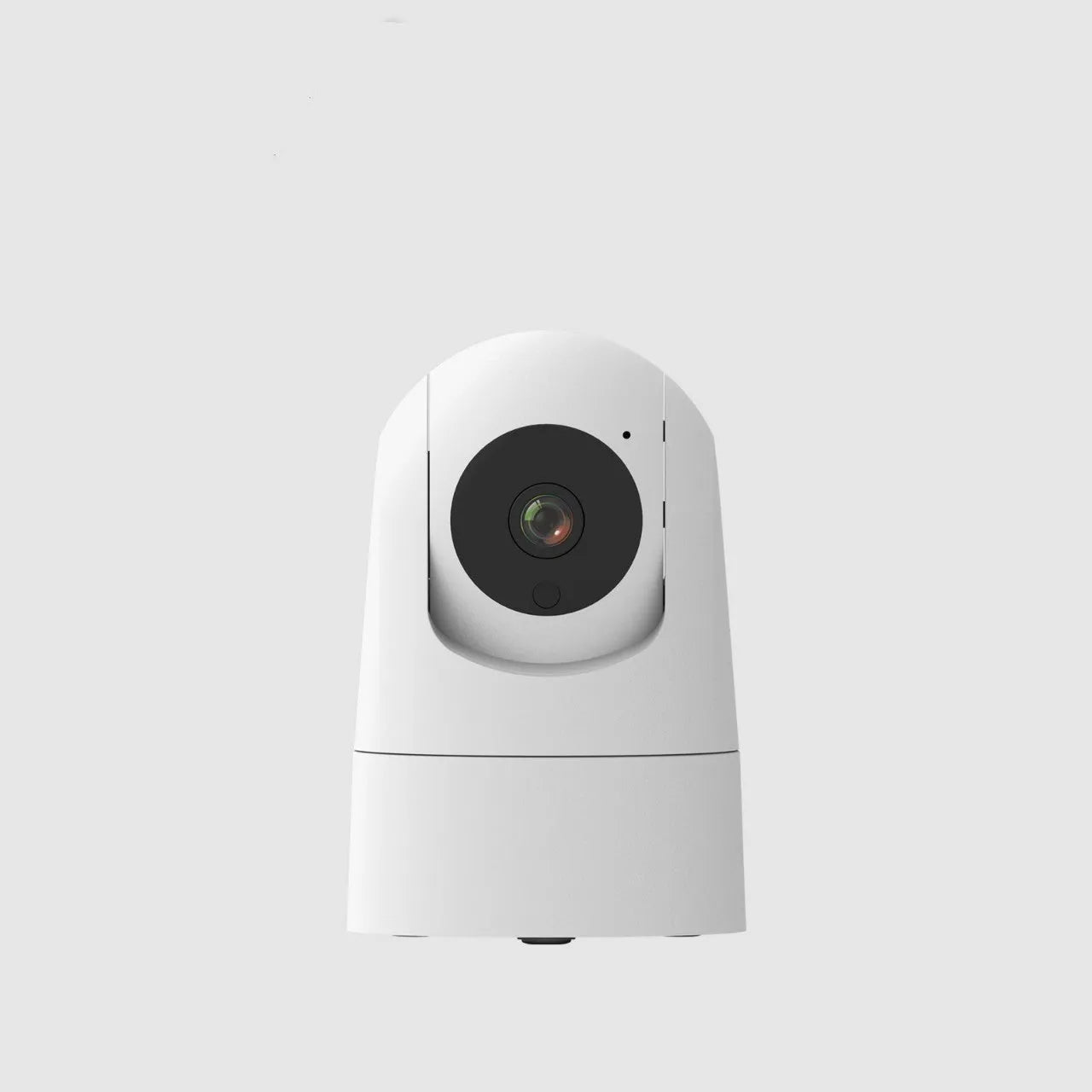 White indoor security camera on a shelf with 1080p HD, two-way audio, and dual-band Wi-Fi.