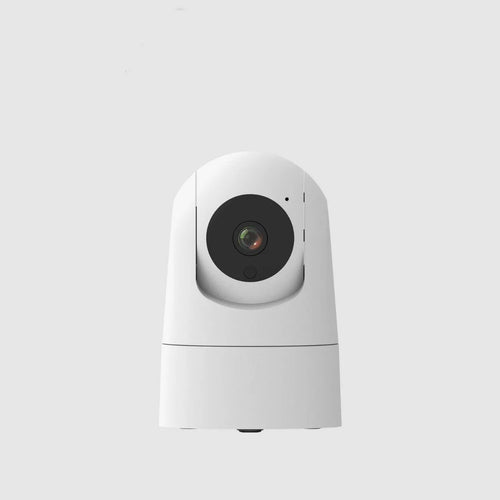 White indoor security camera on a shelf with 1080p HD, two-way audio, and dual-band Wi-Fi.