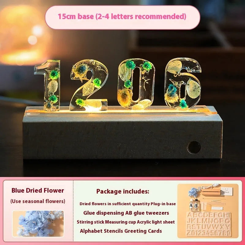 Letter small night lamp DIY kit with dried flowers, glue, tweezers, and mold in multiple colours
