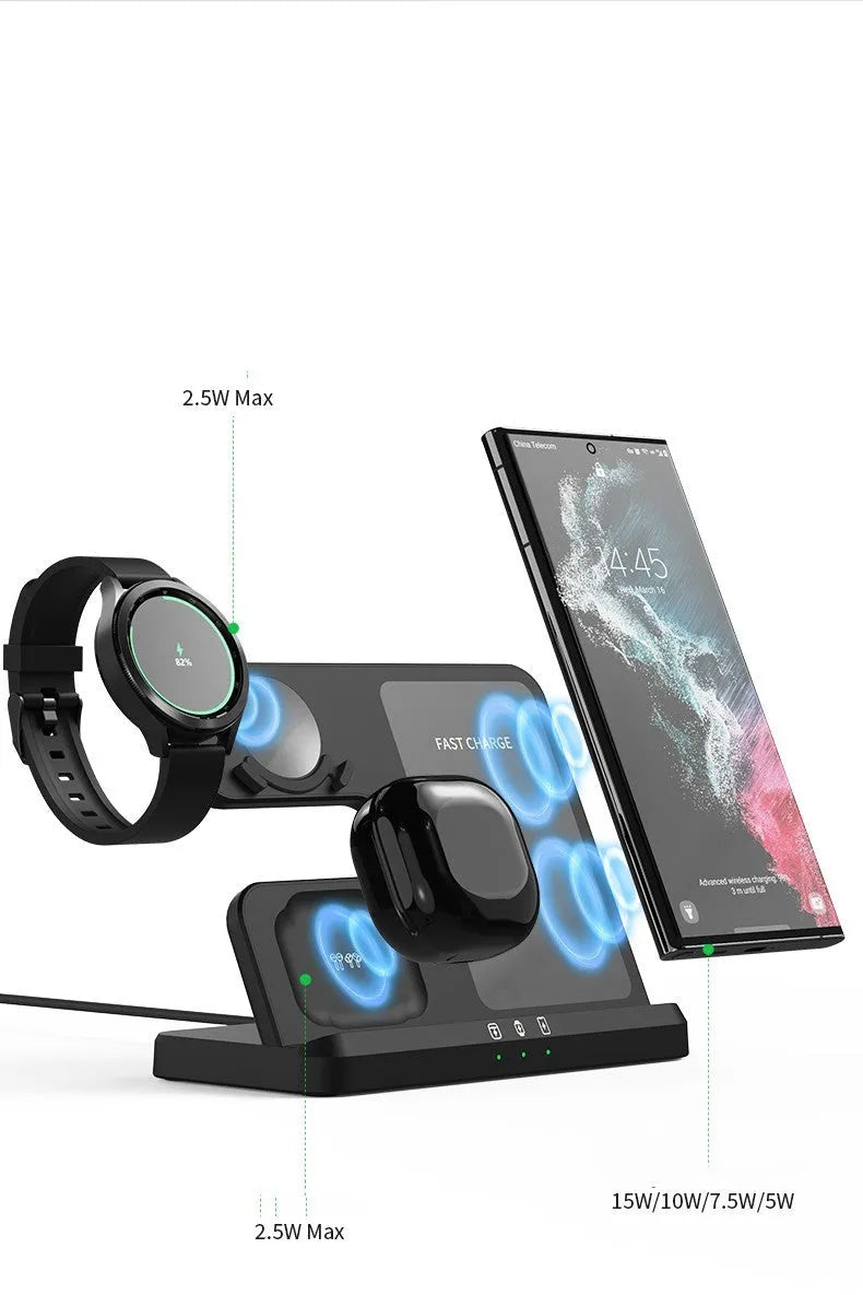 Vertical 3-in-1 wireless charging stand for mobile phone, smartwatch, and headphones.