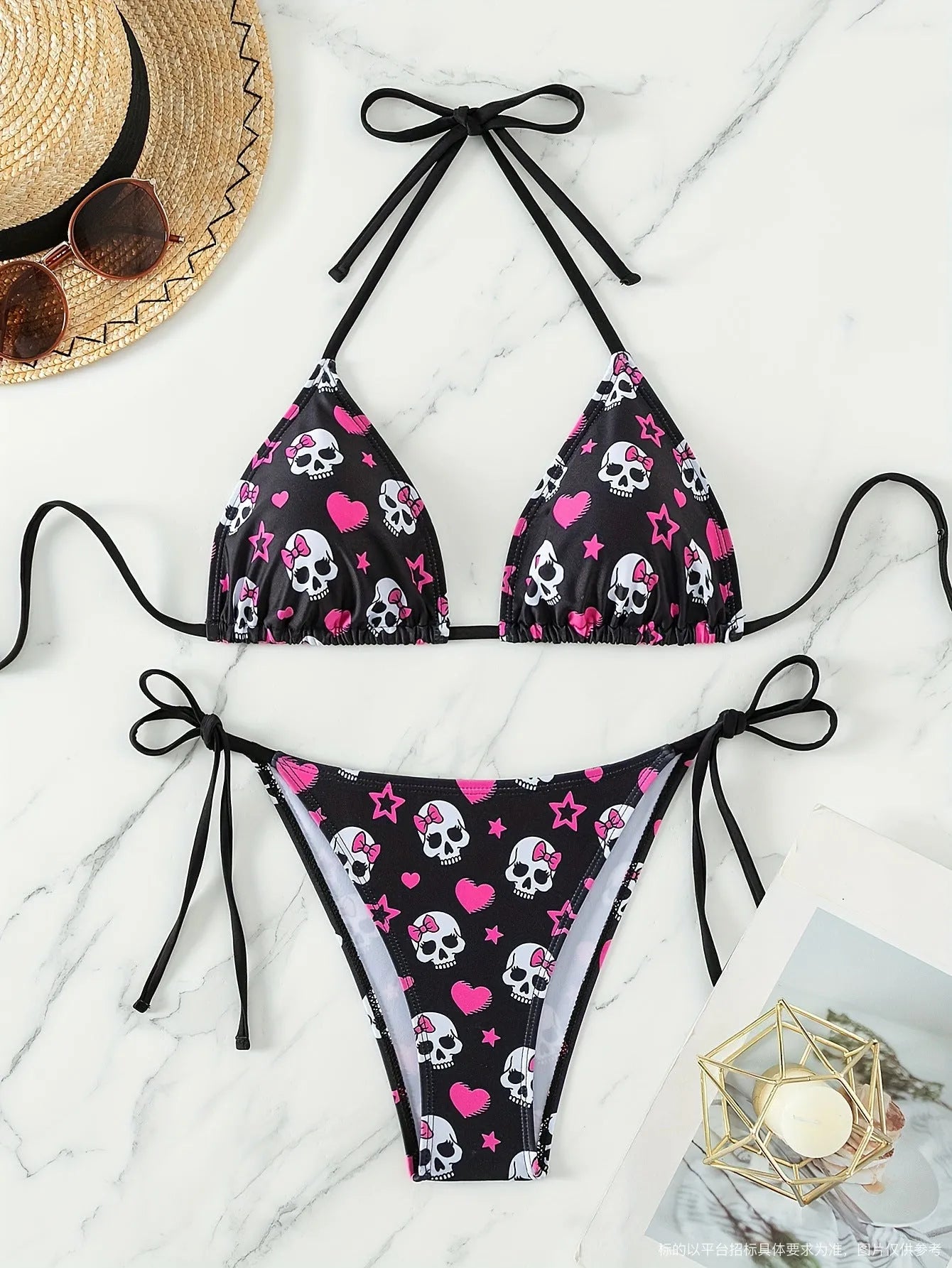 Spider print backless bikini set with split system neck and triangle bag styling