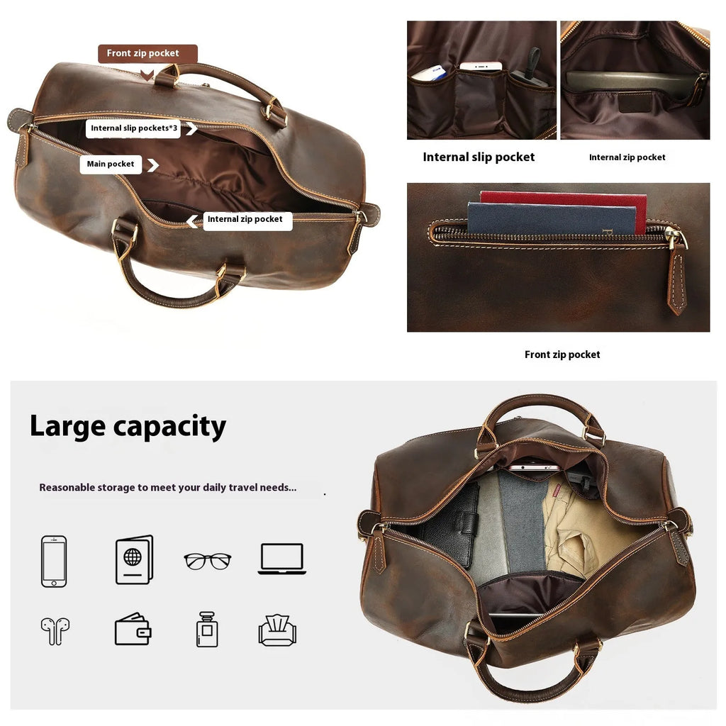 Men's large vintage genuine leather crossbody bag in black, shown with dimensions 48.3cm wide by 25cm deep.