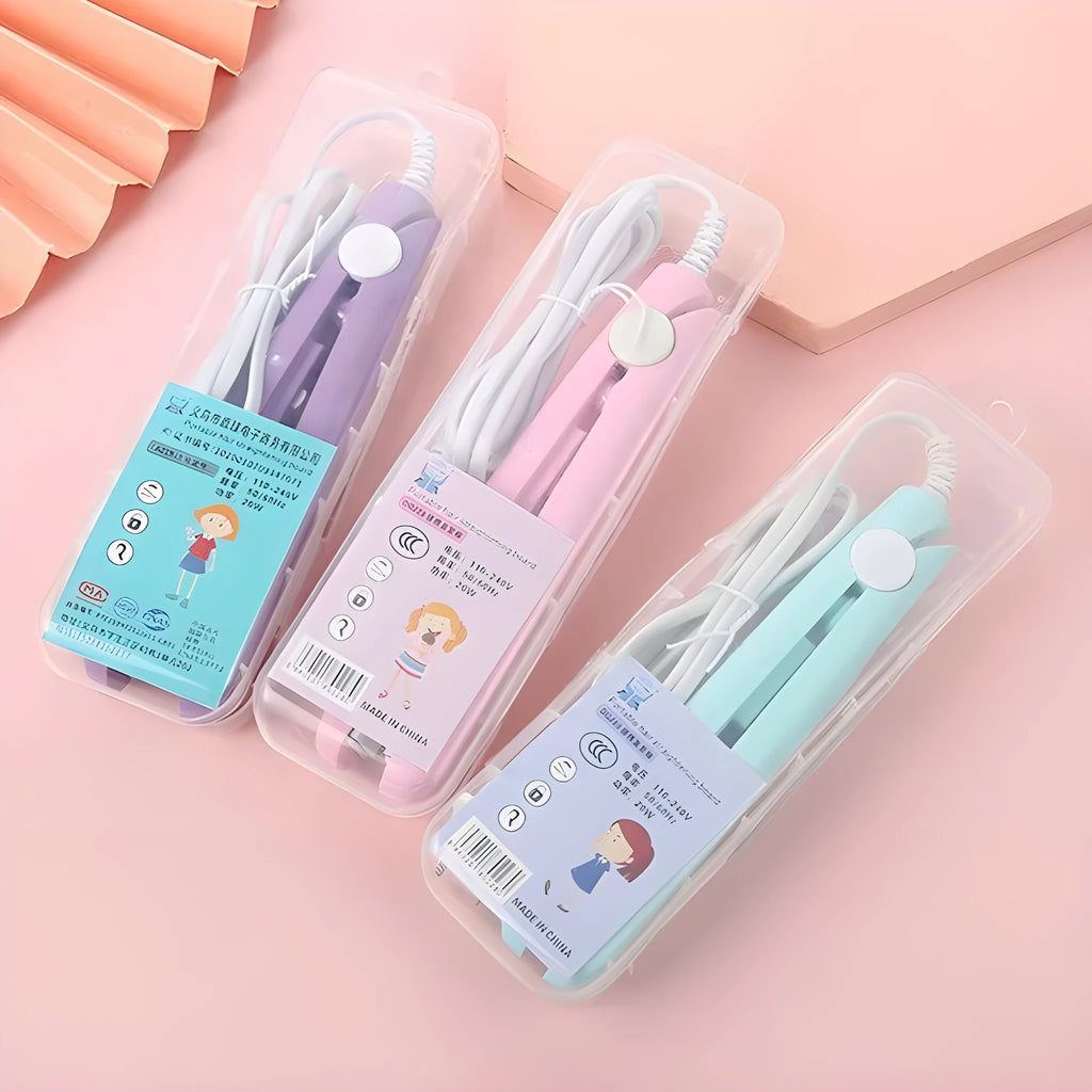 Mini hair straightener for bangs styling with storage box in blue, pink, purple, white, or yellow options