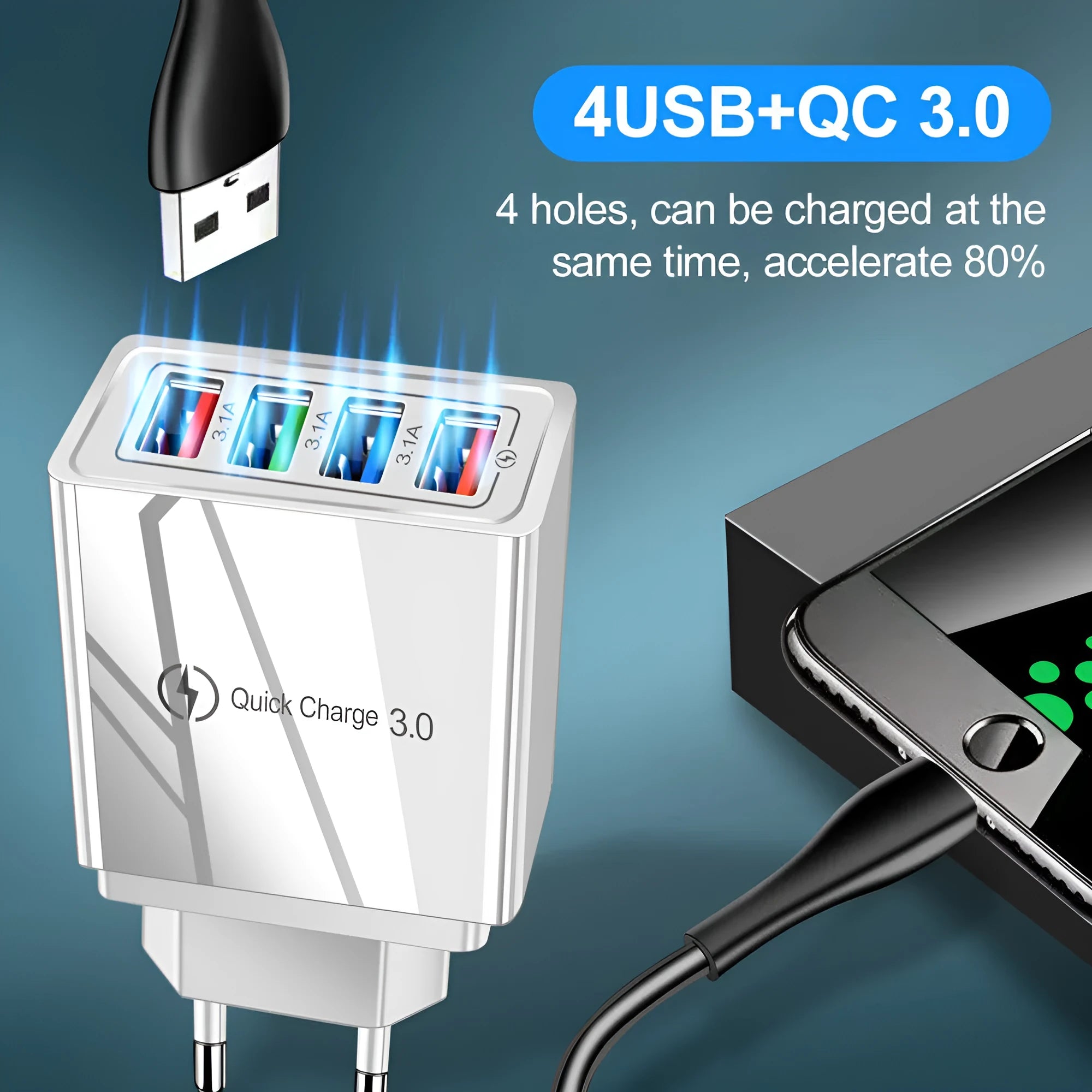 Four-port USB wall charger with international plug options in black, blue, red, orange, and grey colour variations