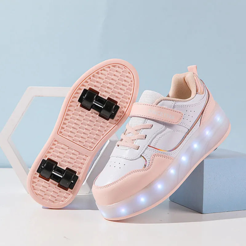 Boys and girls charging flash roller skates with LED light wheels in pink colour