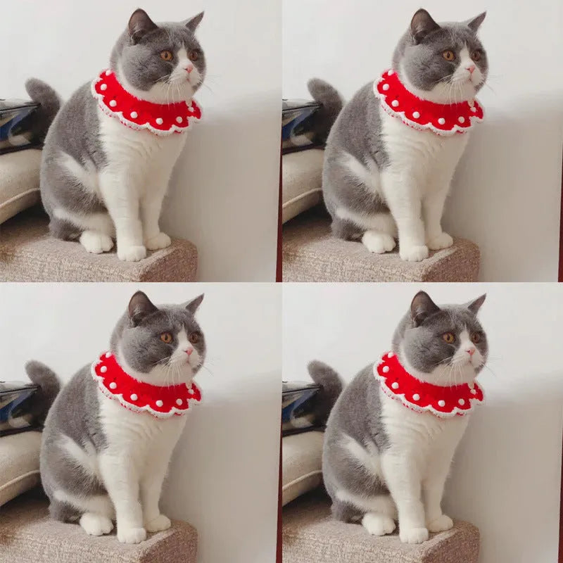 Cartoon pattern wool knitted collar for small pets in milk cotton, shown in multiple sizes.