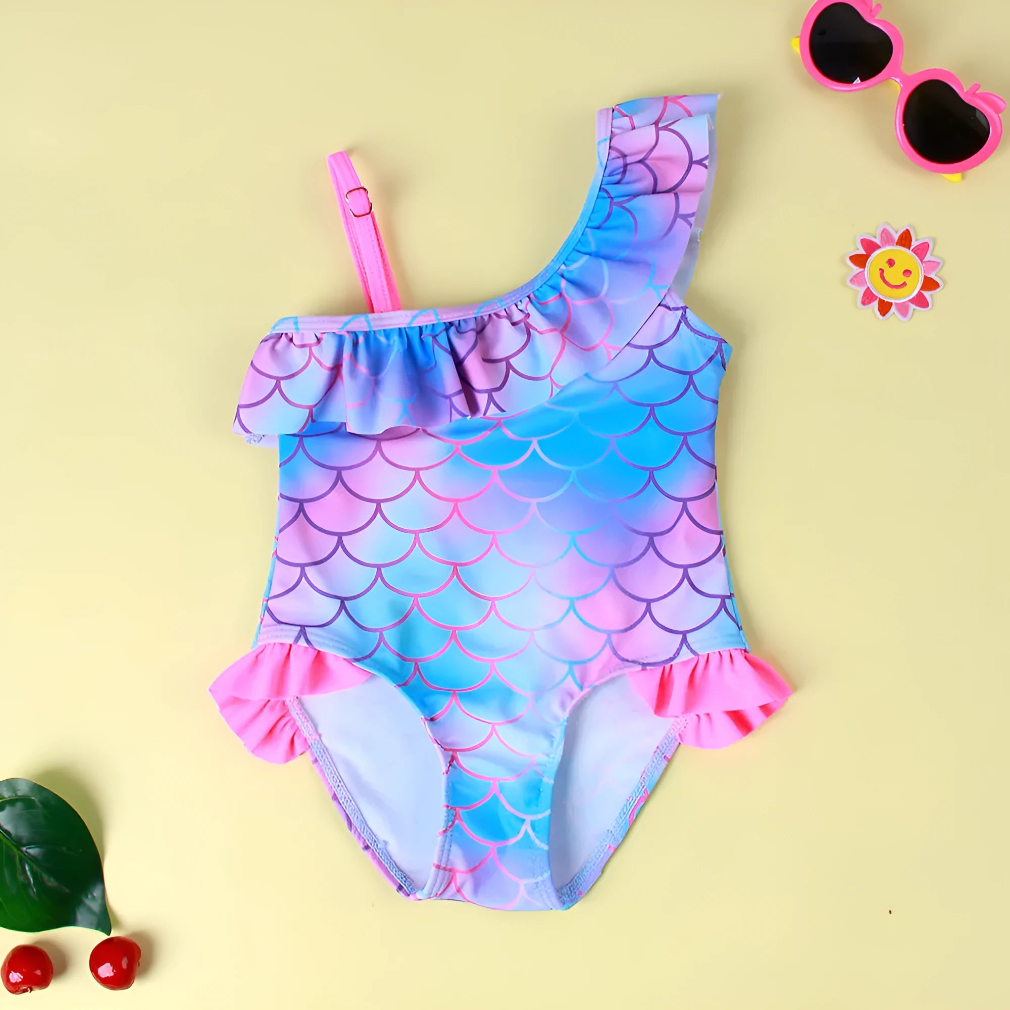 Girls' one-piece swimsuit with scale print and flounced gradient hem in nylon fabric