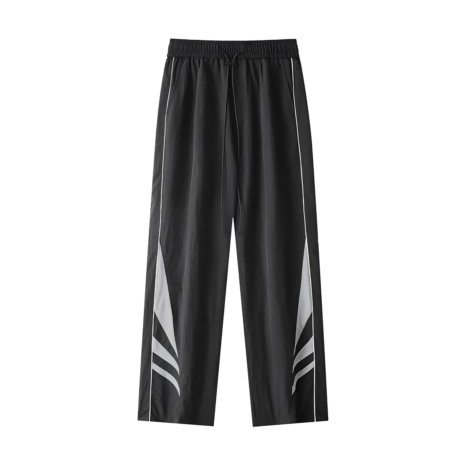 Men's straight-leg casual trousers in black, showing loose fit and button fly detail.