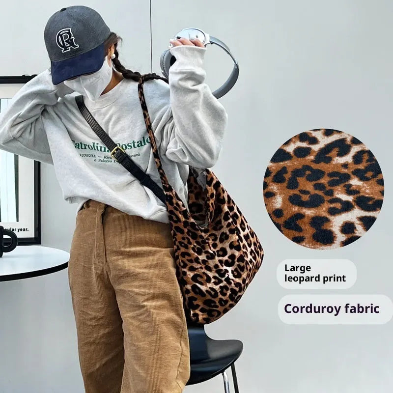 Large capacity casual women's bag in brown yellow corduroy with leopards print and double layer design