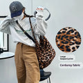 Large capacity casual women's bag in brown yellow corduroy with leopards print and double layer design