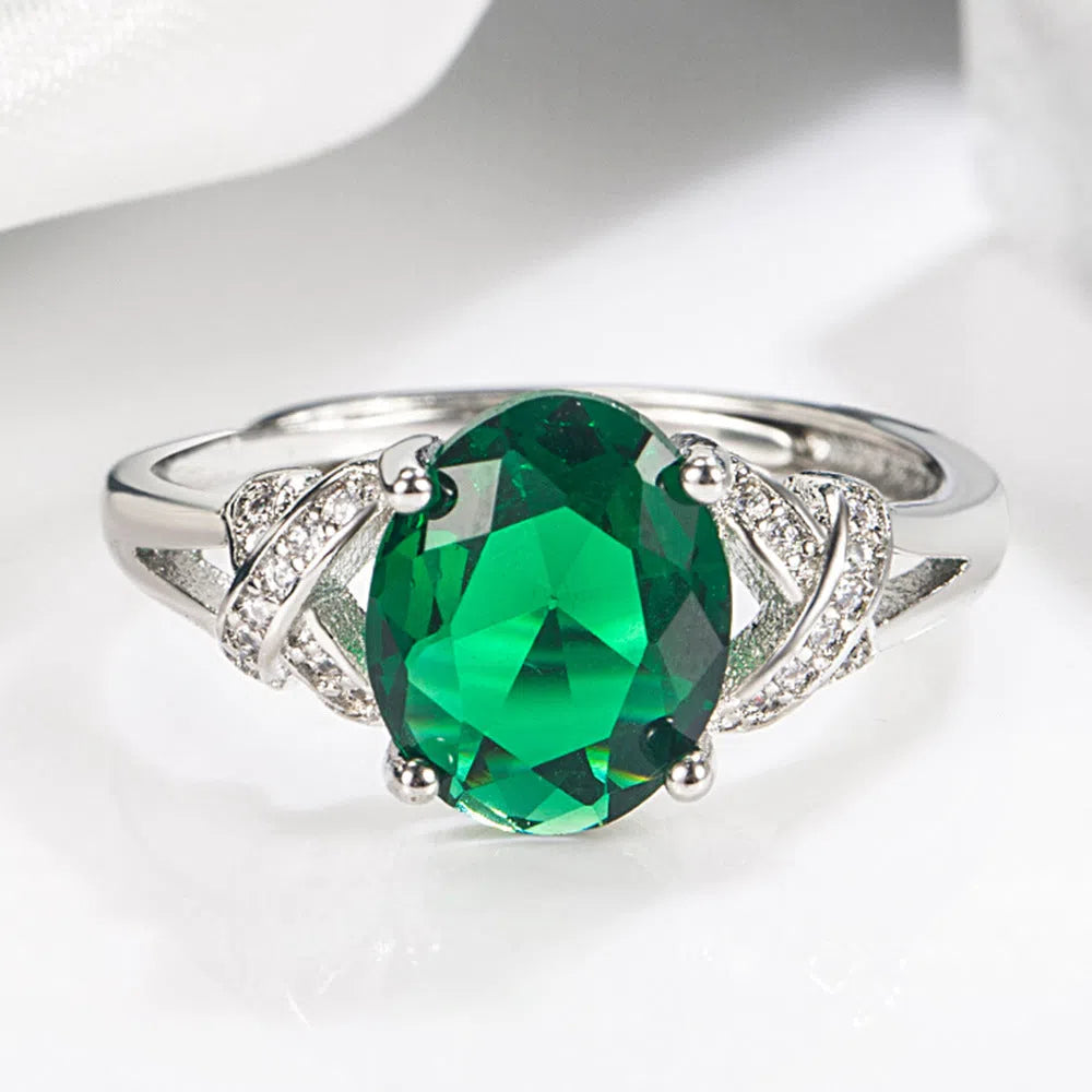Adjustable open ring for women, copper with platinum electroplating, inlaid zircon cross, emerald tourmaline colour effect.
