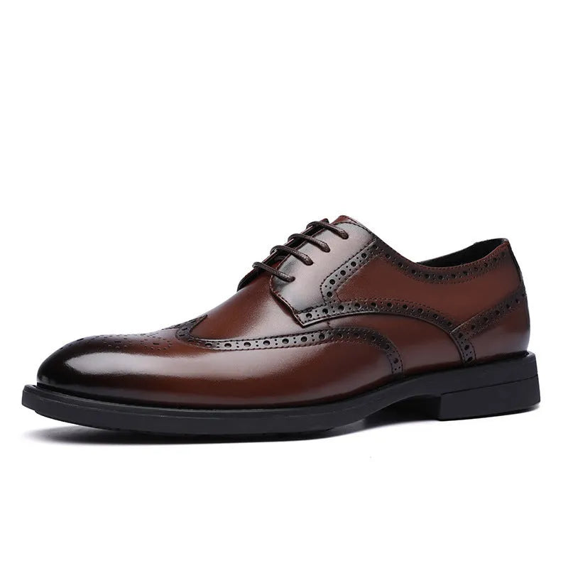 A pair of men's classic black brogue business shoes with a PU leather upper.