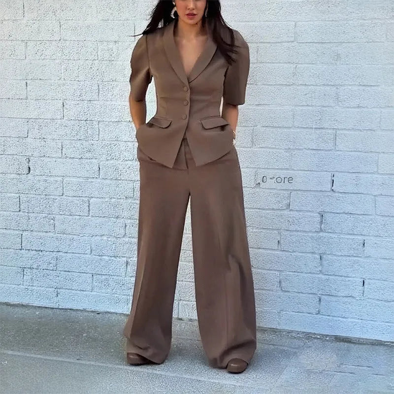 Brown polyester slim fit suit jacket and trousers set on a hanger