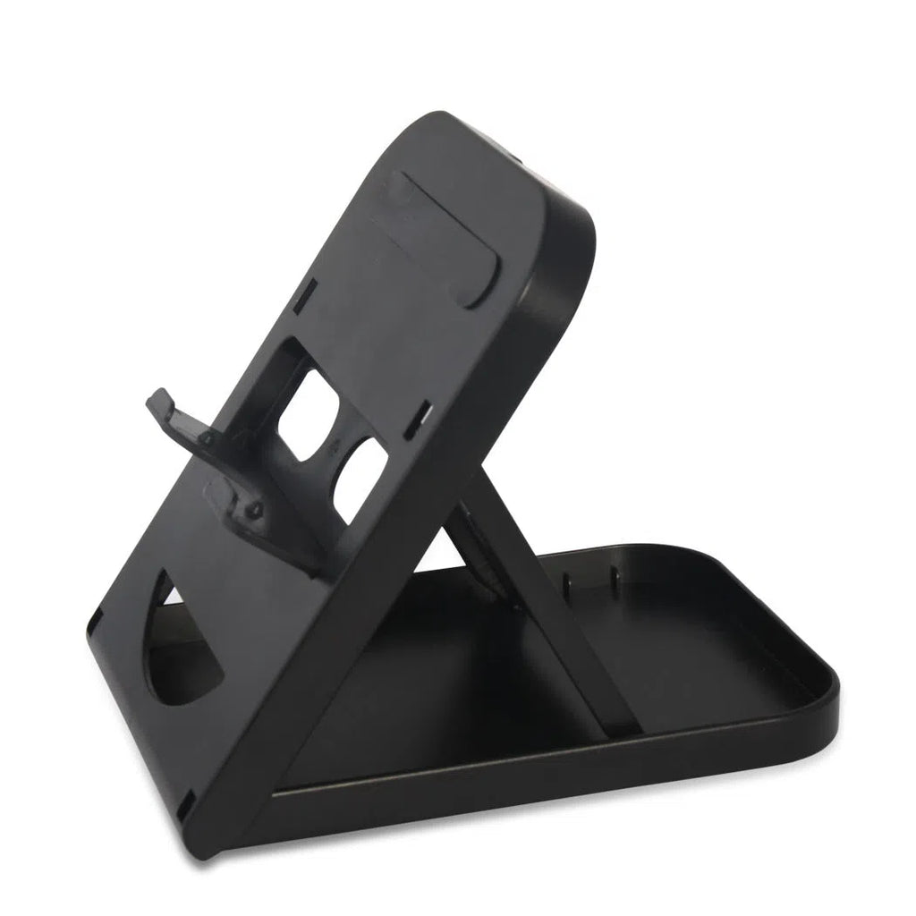 Black adjustable ABS game console stand for Switch on a desktop surface