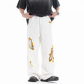 White retro washed ripped embroidery loose cotton blend trousers with zipper fly