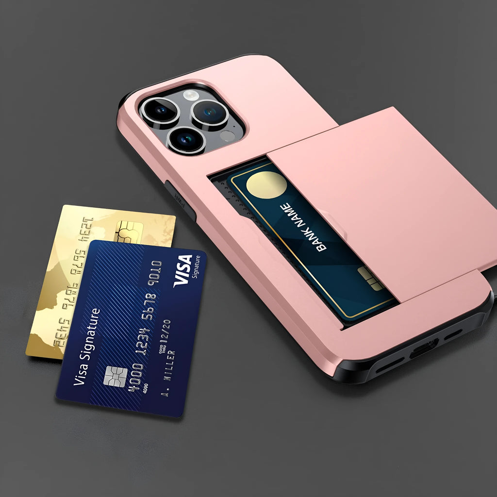 iPhone 15 Pro Max phone case with slide card slot, frosted TPU PC anti-fall cover in black