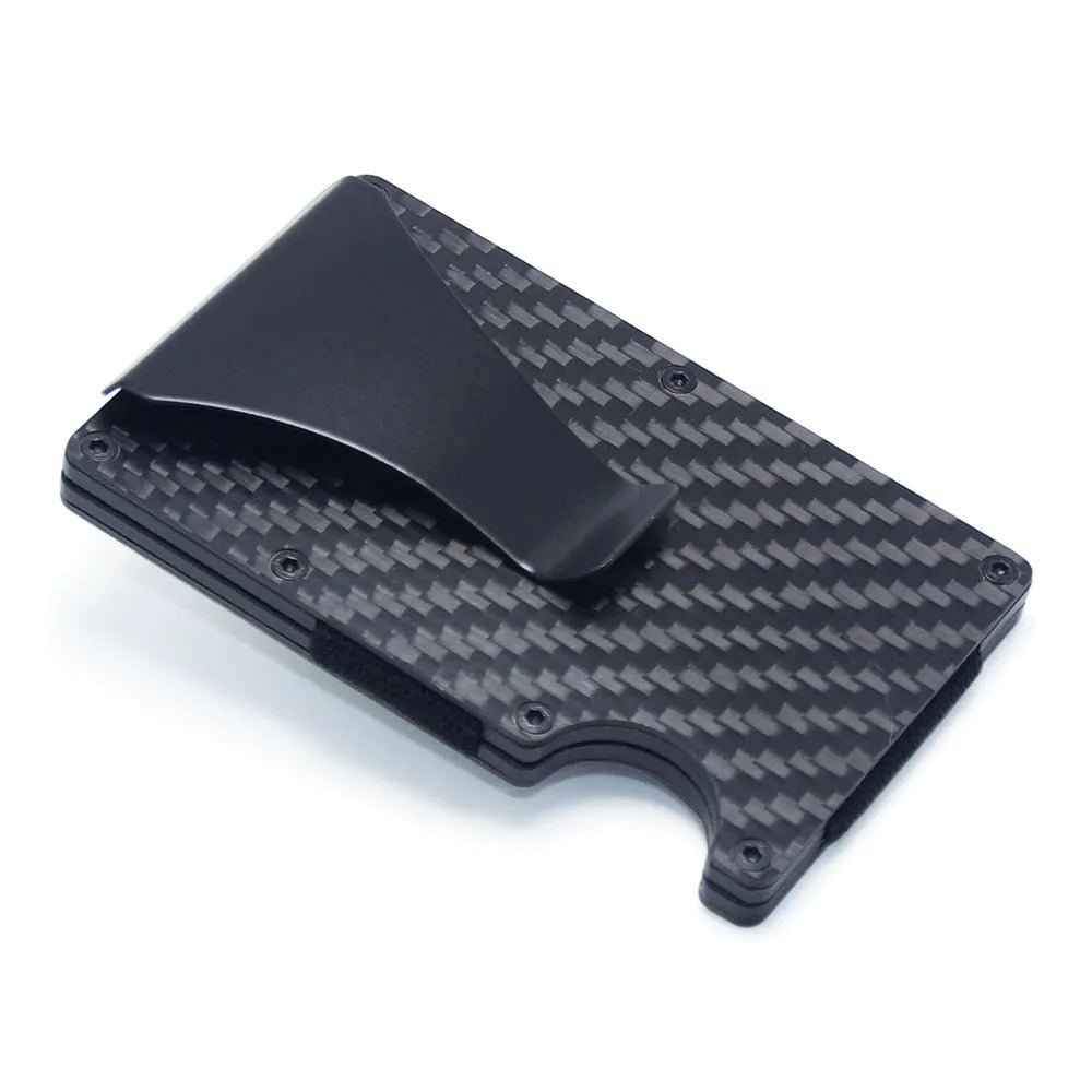 CH6600 geometric card holder in black carbon fibre, showing slim 8mm profile and card slots.