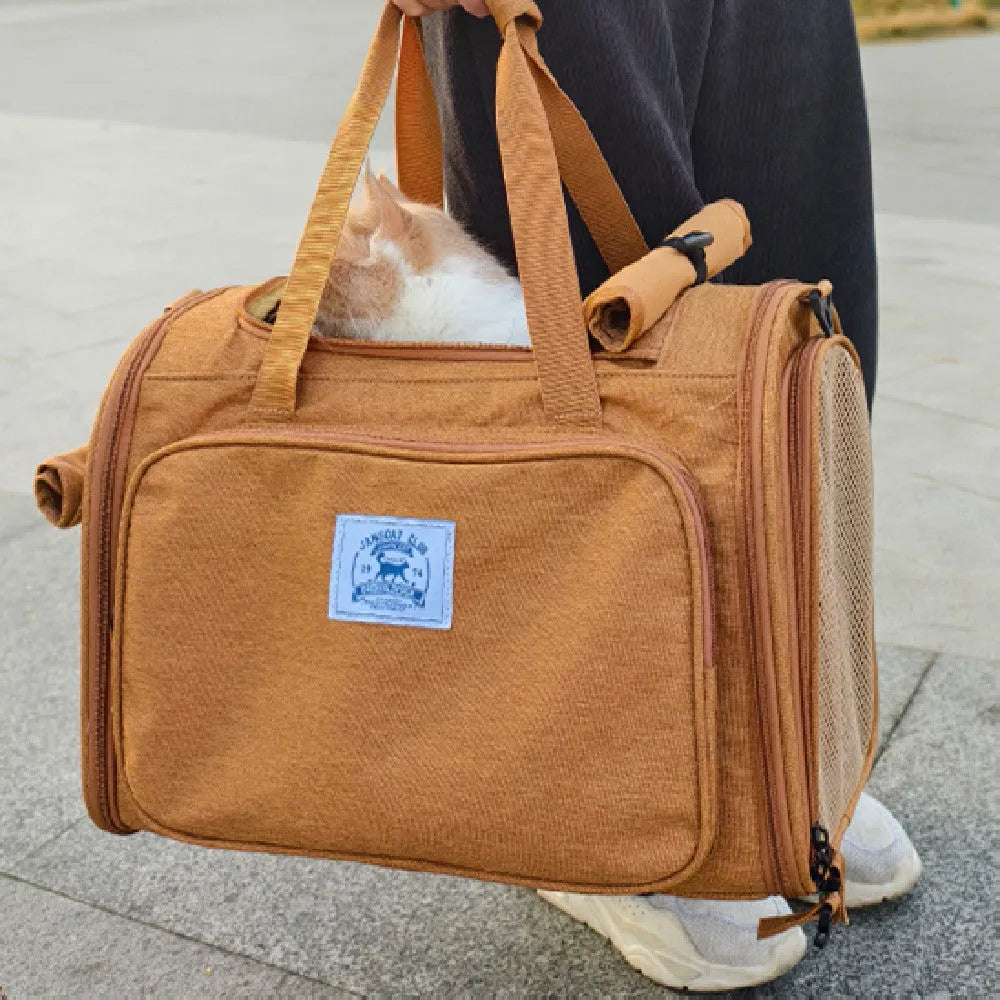 Brown portable expandable cat carrier bag with shoulder strap for cats up to 15 pounds