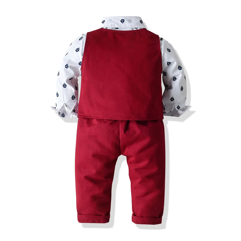 Boys red cotton long-sleeved shirt vest and trousers three-piece suit set for children