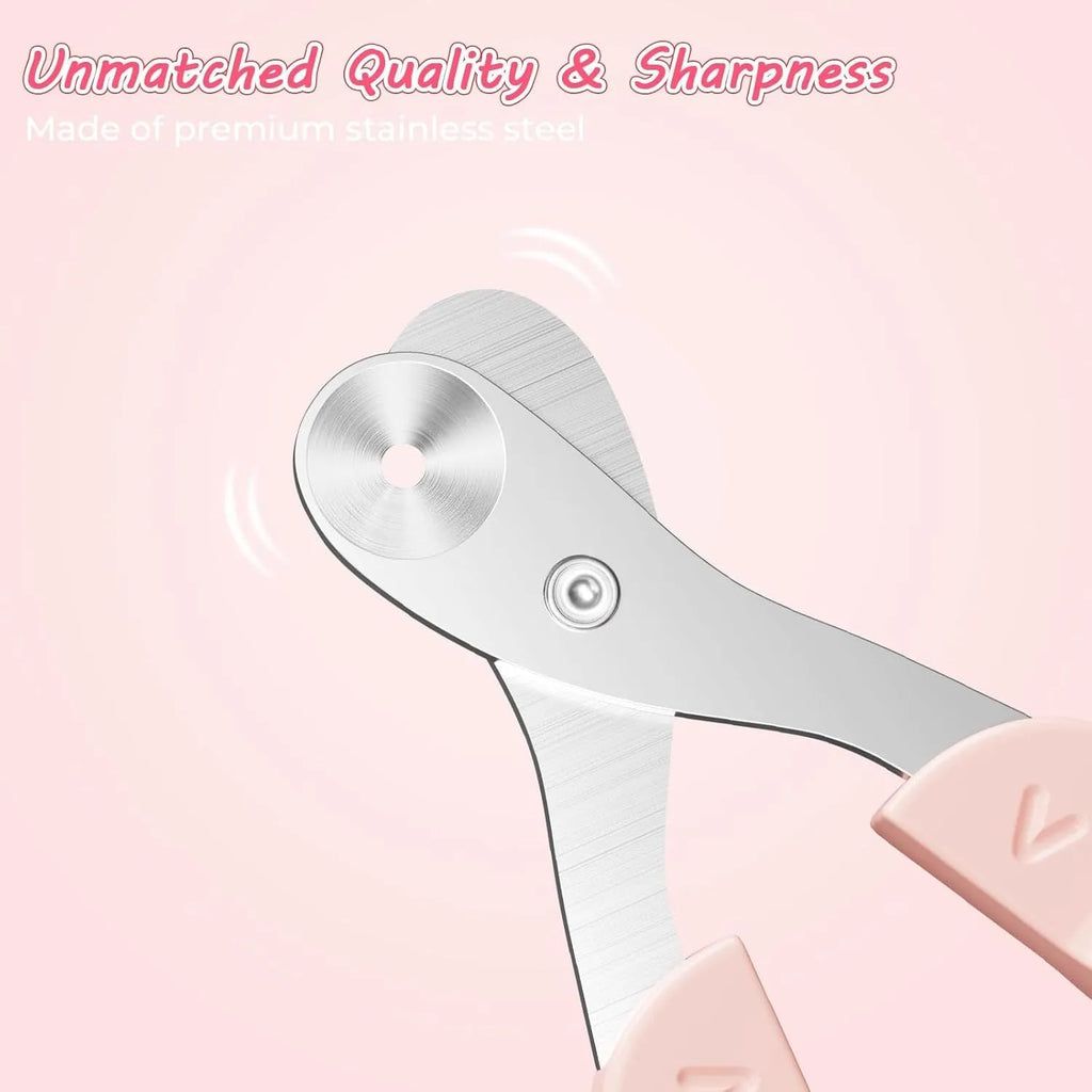 Blue cat nail clipper with a round positioning hole and stainless steel blade on a non-slip handle.