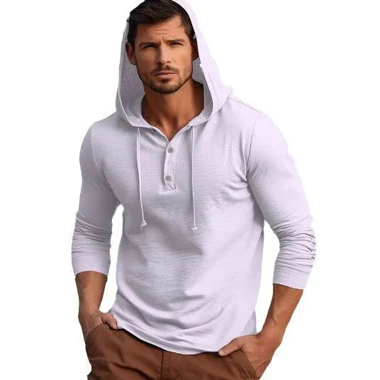 Men's casual cotton pullover hoodie in dark blue colour with long sleeves.