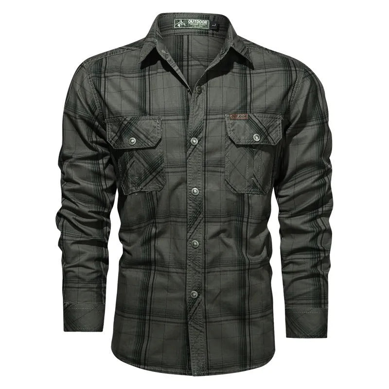 Men's long-sleeved cotton striped shirt in green, shown as a cardigan for spring and autumn casual wear