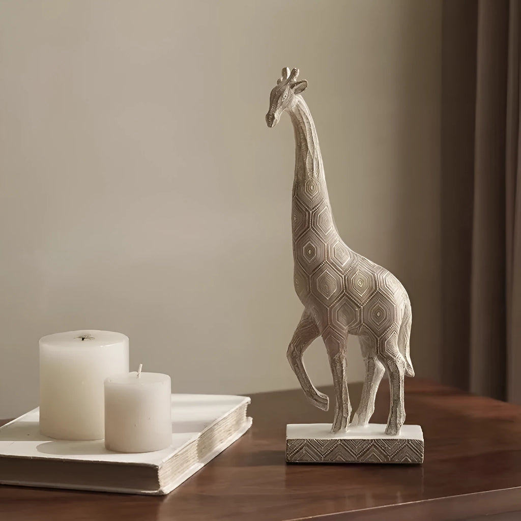 Wood-colour European-style resin giraffe decorative ornament on a shelf.