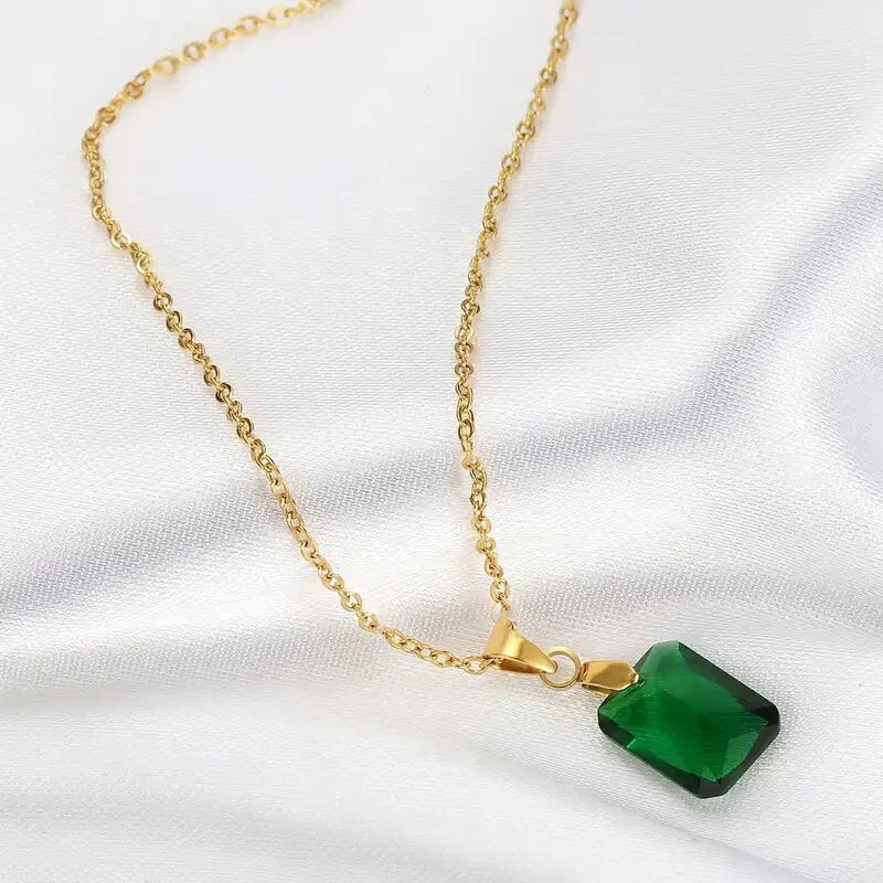 Copper rectangular geometric pendant necklace with green finish on O-ring chain