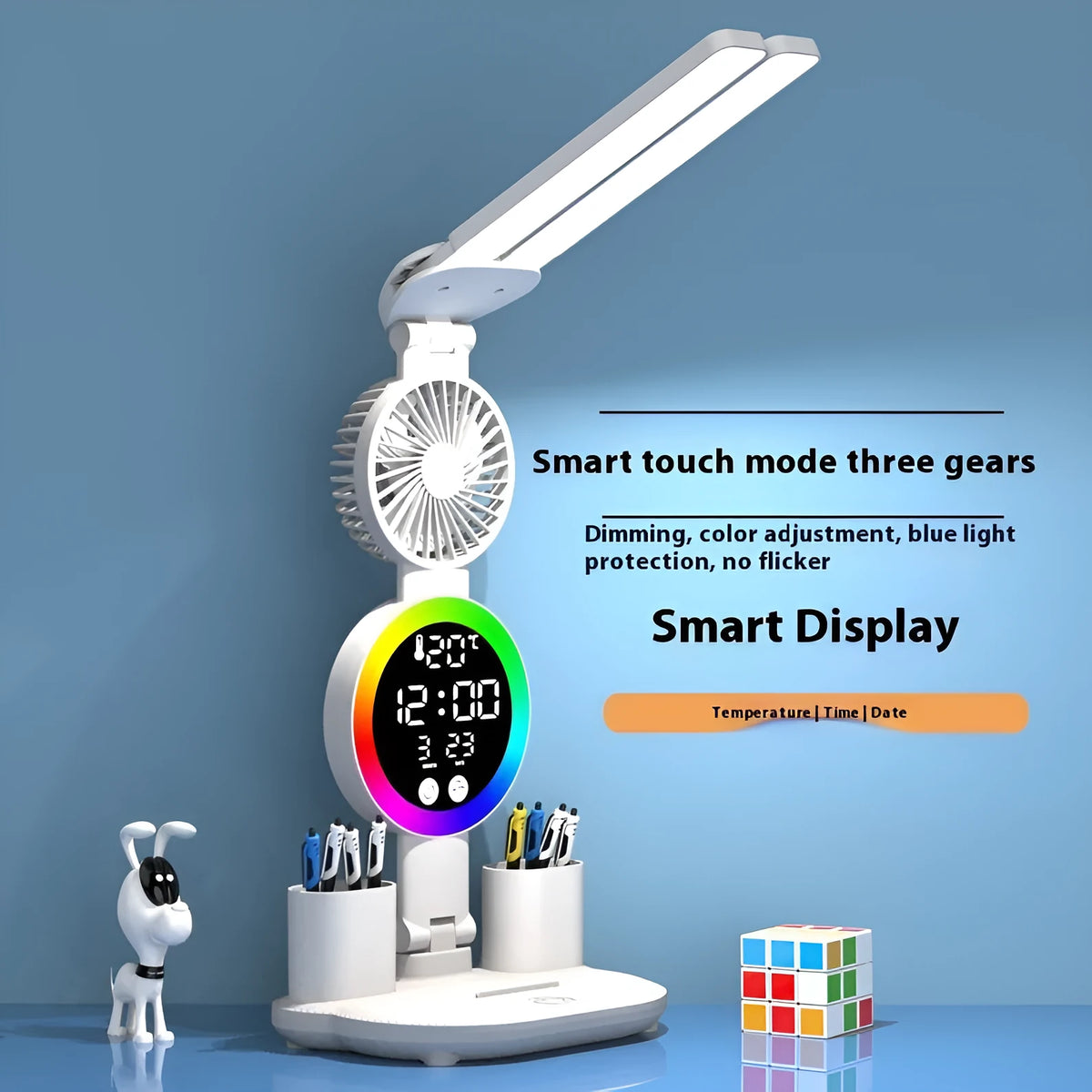 LED student desk lamp with double-headed light, clock and fan options, USB powered, modern simplicity style