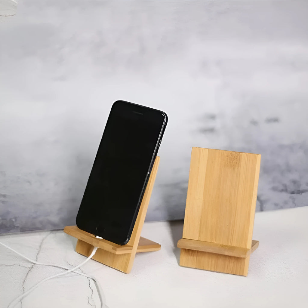 Bamboo desktop phone holder for mobile phone and tablet, 14x8x0.8cm, with holes option