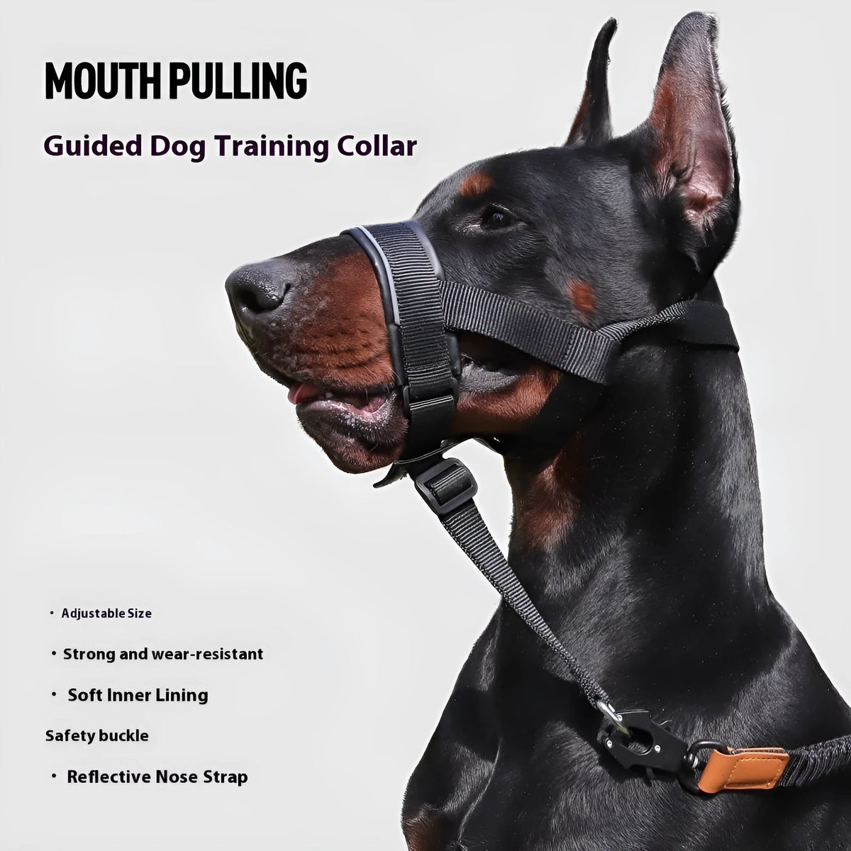Leather anti-bite anti-bark dog mouth cover in black for medium to large dogs, adjustable with strap