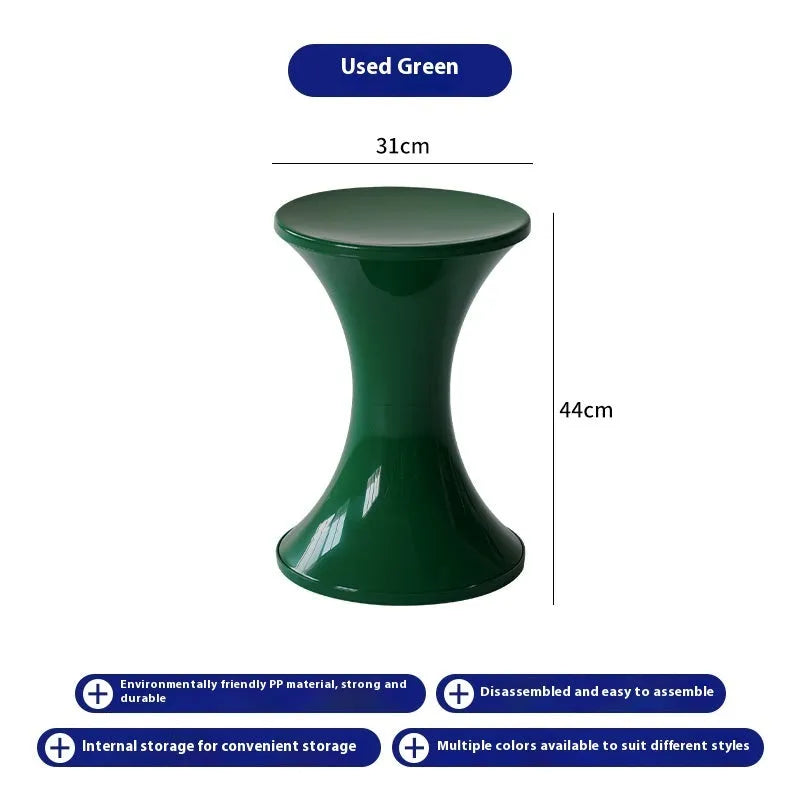 A plastic hourglass-shaped shoe changing stool in a choice of five colours.