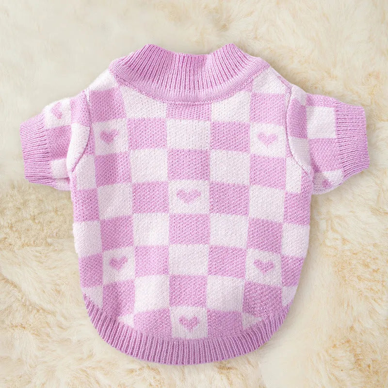 Dog striped knitted sweater cardigan in beige full print bear design on a small dog