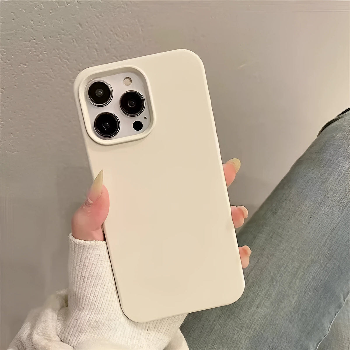 Liquid silicone phone case for iPhone 14 in antique white, drop-resistant, anti-fingerprint