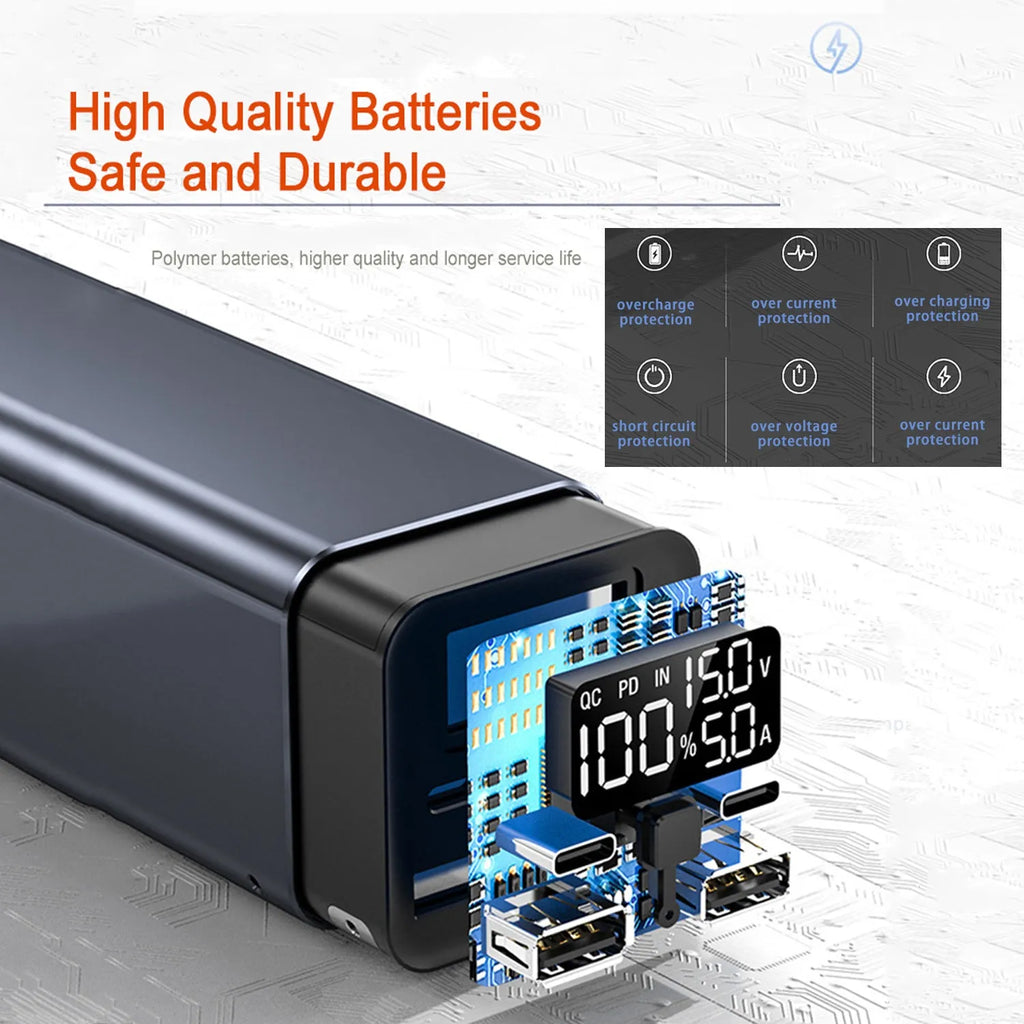 Black high-power 65W laptop charging bank with USB-C port, showing dimensions of 47.5x104.5x47.5mm.