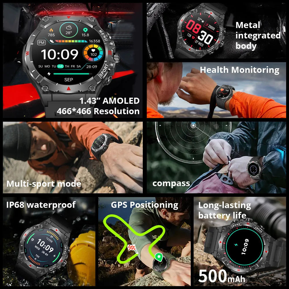V76 GPS watch in black with built-in compass and altimeter on a white background