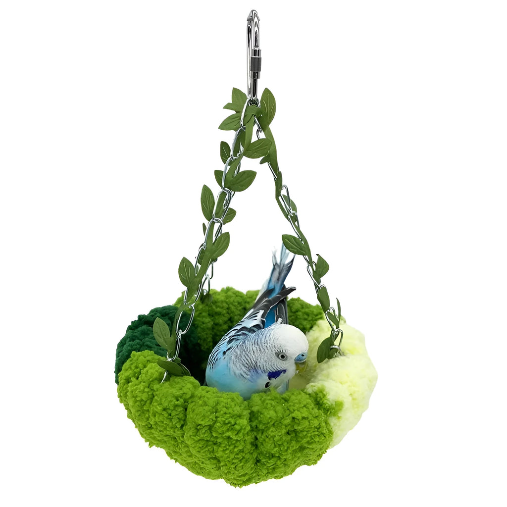 Deep forest green bird nest hammock with green leaves and swing for parrots