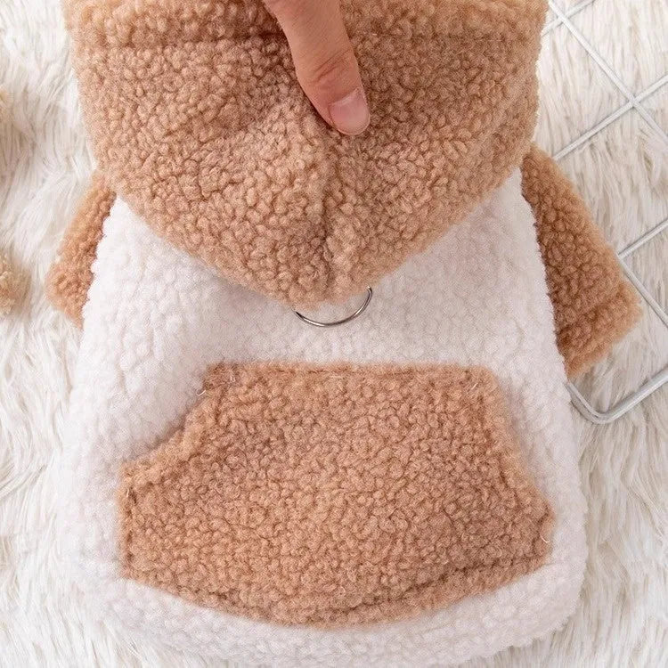 Brown hooded cotton-padded dog coat with long sleeves and an adjustable belly strap.