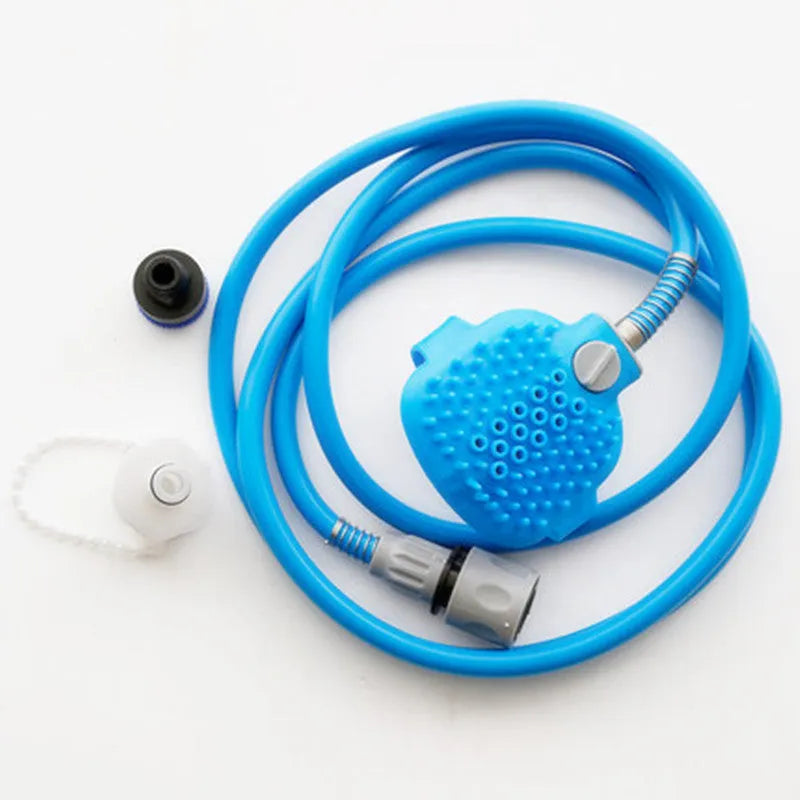 Blue pet bathing tool with silicone massage glove and 7.5ft hose for dogs
